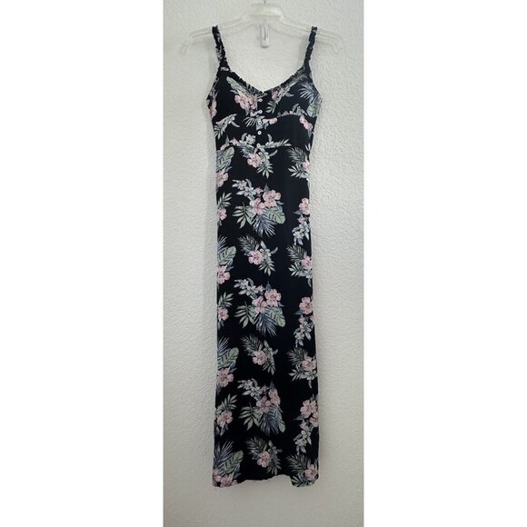 Derek Heart Maxi Dress S Black Hawaiian Rayon Smocked High Waist Milkmaid‎ Fairy - Picture 1 of 13